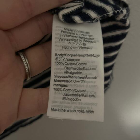 J by J Crew Navy Blue White Tee Striped Capped Sleeve Lace Eyelet Detail Top L - Picture 6 of 10